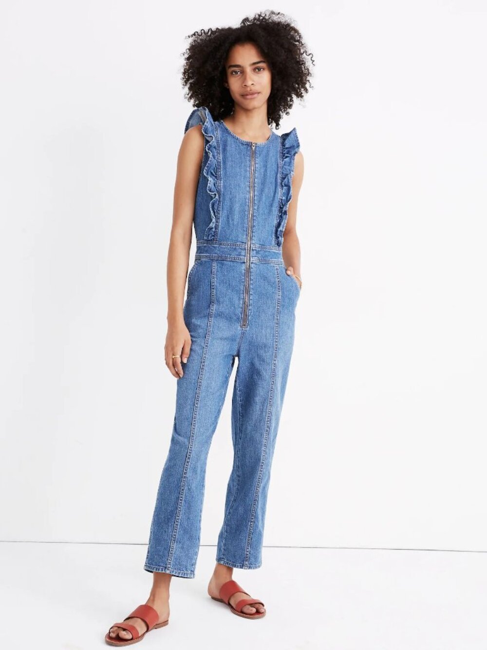 NWT Madewell Denim Ruffle-Sleeve Zip-Front Jumpsuit in Indigo Blue Stretch 4